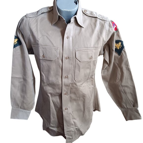 Vintage Army Shirt 14.5x31 Small 1962 Vietnam Military Khaki With Patches - Picture 1 of 6